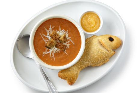 Kids tomato soup with sourdough fish bread and applesauce