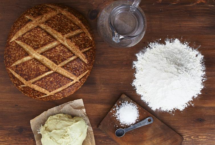 Flour, water, salt, mother dough and a sourdough round loaf