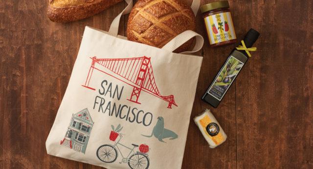 San Francisco canvas tote, sourdough bread, Bruschetta, Extra Virgin Olive Oil and Honey Goat Cheese