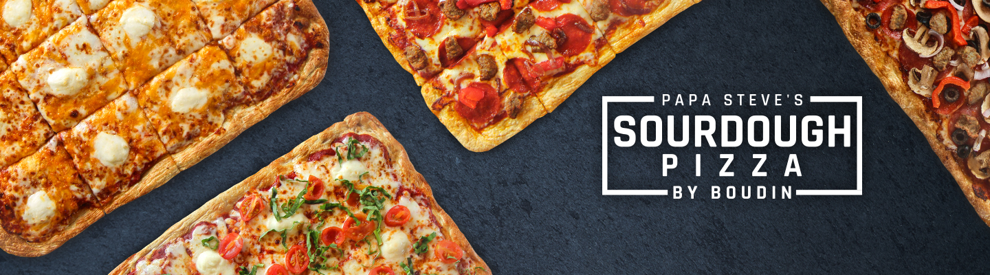4 Pizzas on slate surface with Papa Steve's Sourdough Pizza by Boudin logo