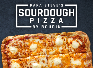 Cheese Pizza on slate surface with Papa Steve's Sourdough Pizza by Boudin logo