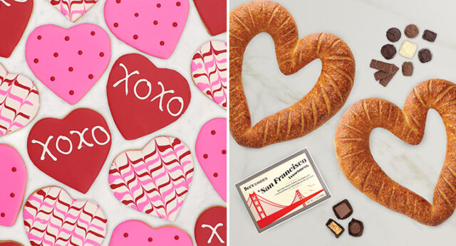 Sourdough Hearts, Chocolates and Valentine Cookies on Marble Surface