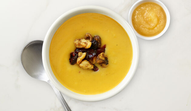 Kids Butternut Squash Soup and Apple Sauce on Marble Surface