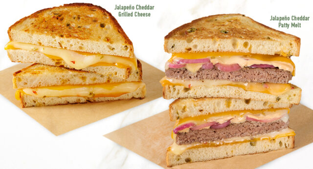 Jalapeño Cheddar Patty Melt & Jalapeño Cheddar Grilled Cheese on Marble Surface