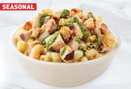 Chicken Pesto Mac & Cheese on Marble Surface