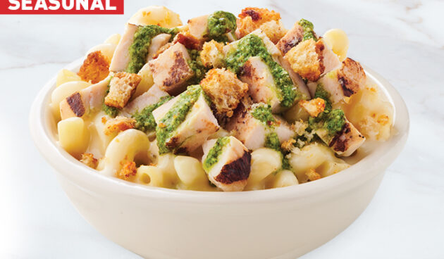 Chicken Pesto Mac & Cheese on Marble Surface