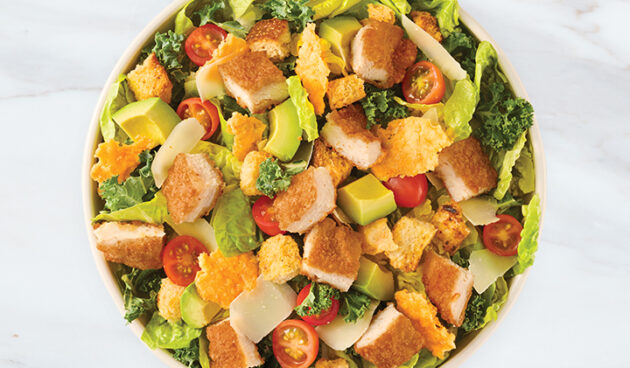 Crispy Chicken Avo Caesar on Marble