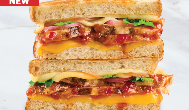 Sweet & Smokey BBQ Chicken Grilled Cheese on Marble