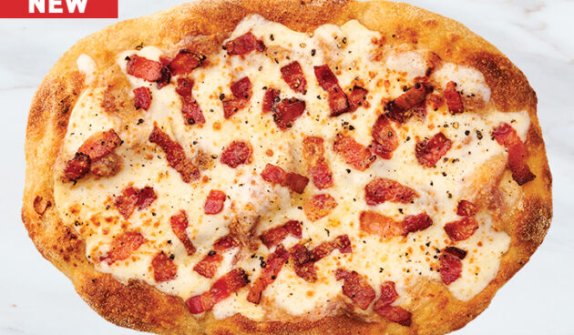 Bacon Carbonara Pinsa Pizza on Marble Surface