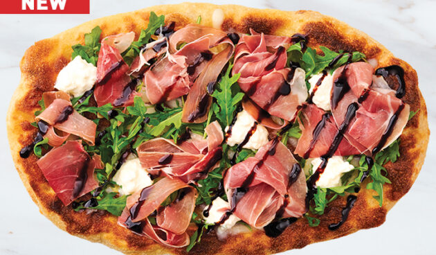 Prosciutto Bianca Pinsa Pizza on Marble Surface