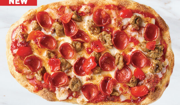 Sausage, Pepperoni & Hot Honey Pinsa Pizza on Marble Surface