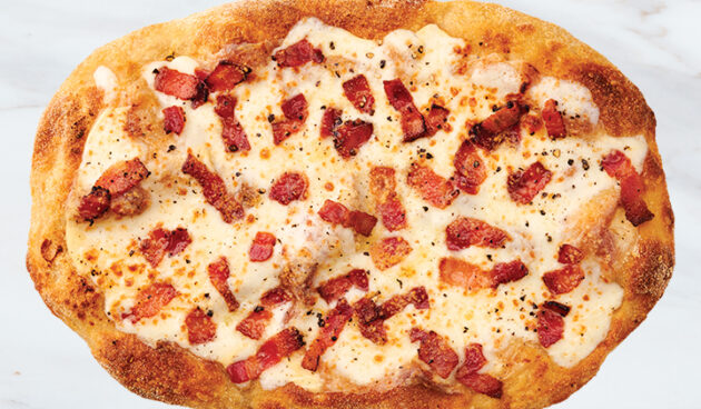 Bacon Carbonara Pinsa Pizza on Marble Surface