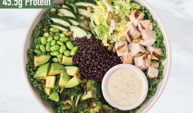 Green Goddess Chicken with Avocado protein bowl on marble surface